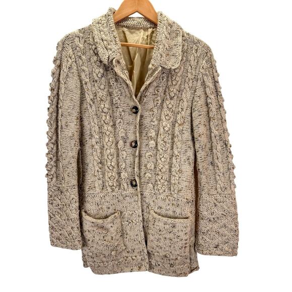 Handmade Sweaters - VTG Handmade Knit Cardigan Womens M L Brown Beige Cable Knit Fishermans Sweater